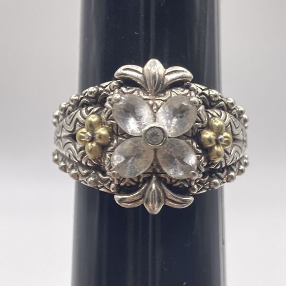 Barbara Bixby Clear/White Topaz Signature Flower .925 18k Ring Size 10 Statement - Picture 1 of 6